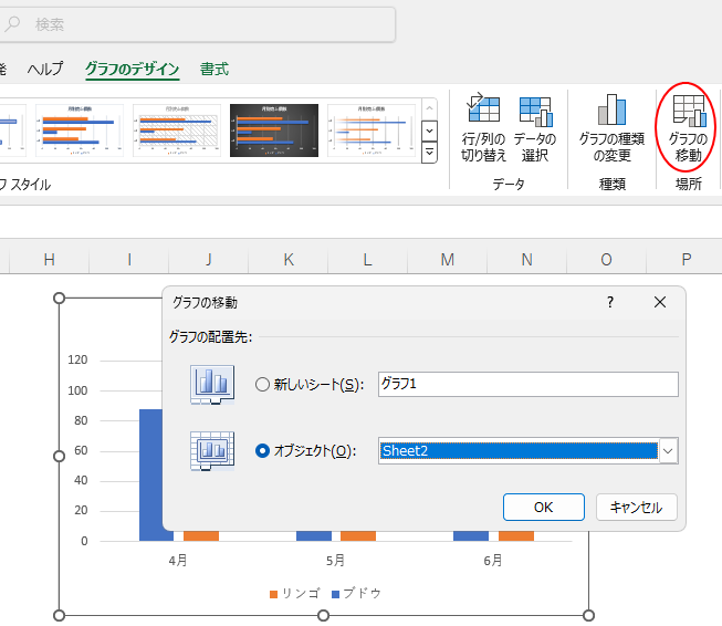 ［グラフの移動］ダイアログボックス