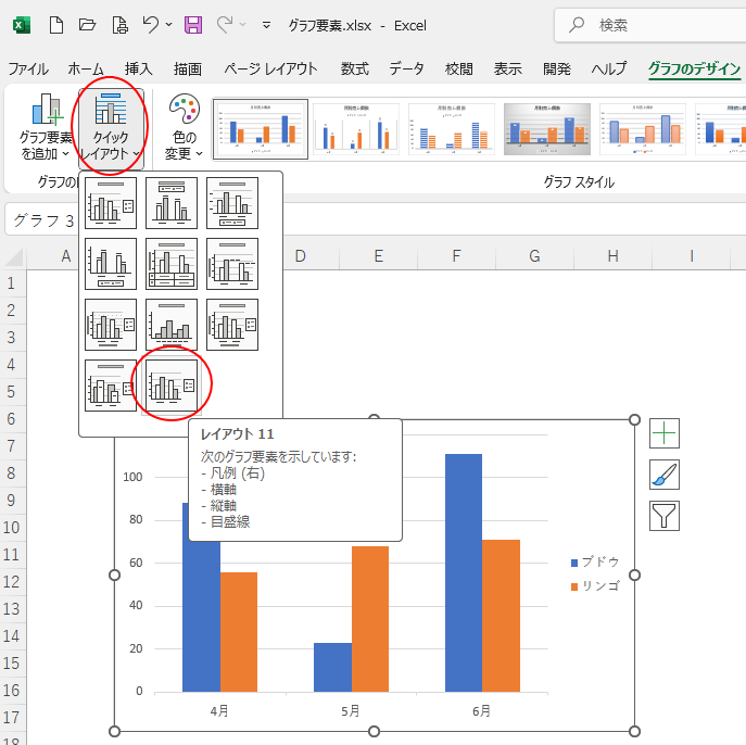 ［グラフのデザイン］タブの［クイックレイアウト］