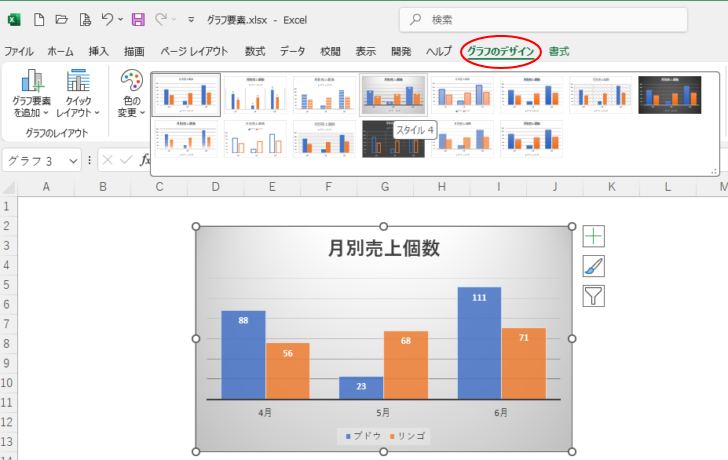 グラフにクイックスタイルを適用