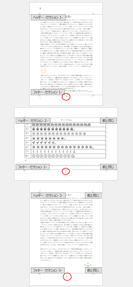 フッターの中央にページ番号が挿入された文書