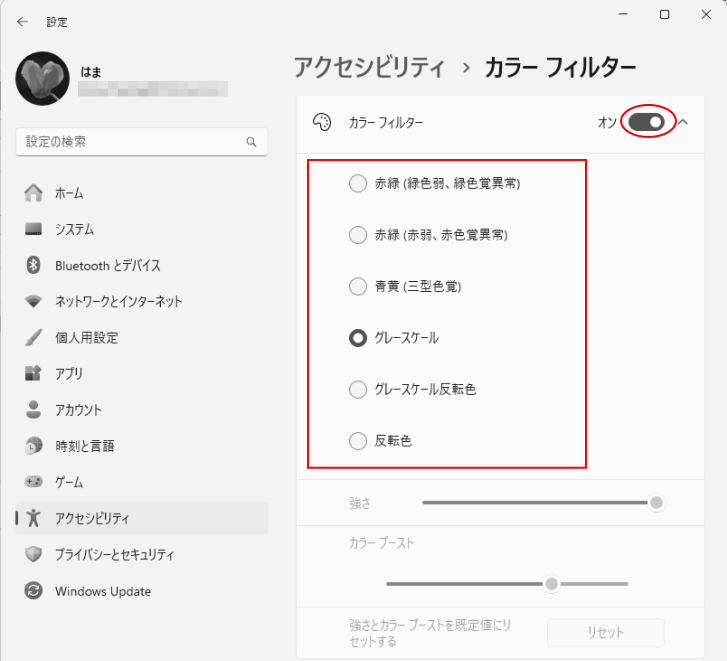 ［アクセシビリティ］の［カラーフィルター］をオンにした時の設定