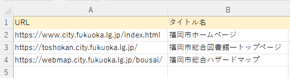 A列にURL、B列にタイトル名を入力している表