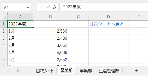 ハイパーリンクのセルをクリックして［営業部］シートのセル［A1］がアクティブになった