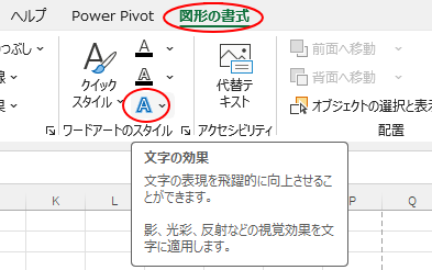 ［図形の書式］タブの［ワードアートスタイル］グループにある［文字の効果の設定］