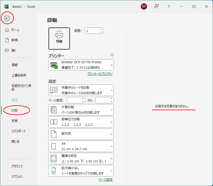 ［印刷する対象がありません］と表示された印刷プレビュー