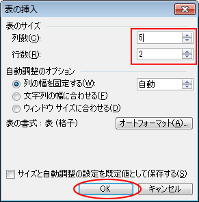 ［表の挿入］ダイアログボックス