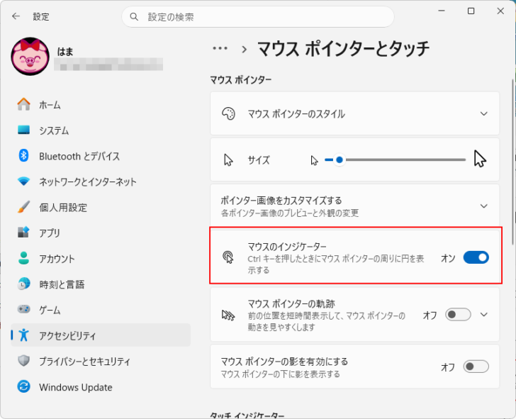 ［マウス ポインターとタッチ］の［マウスのインジゲーター］