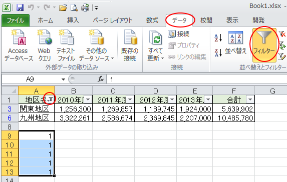 ［データ］タブの［並べ替えとフィルター］グループにある［フィルター］