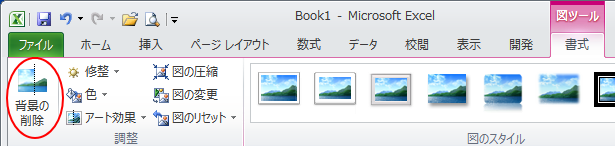 ［書式］タブの［調整グループ］にある［背景の削除］