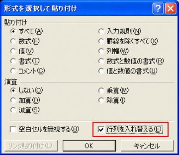 ［形式を選択して貼り付け］ダイアログボックスの［行列を入れ替える］