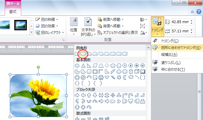 Wordで［図形に合わせてトリミング］で［角丸四角形］を選択