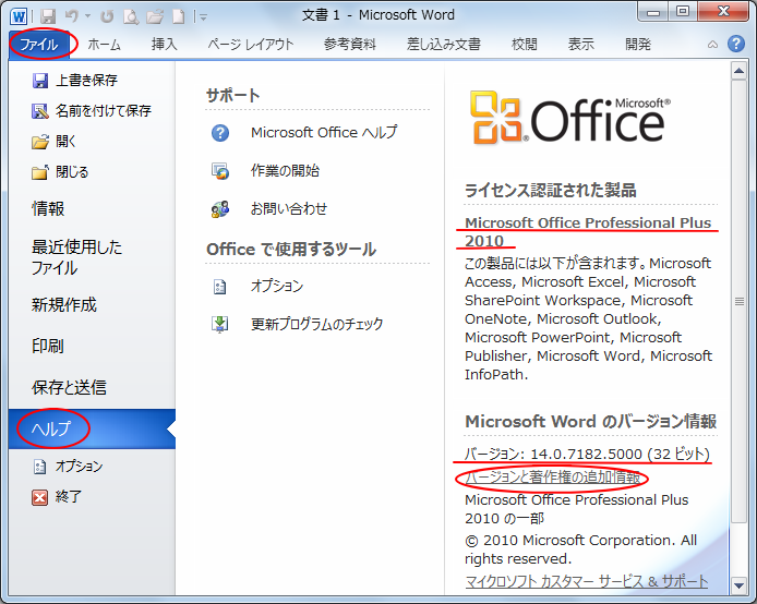 Word2010の［ヘルプ］