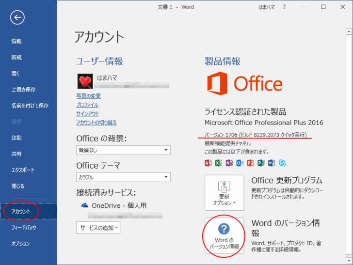 Word20116の［アカウント］の［Wordのバージョン情報］