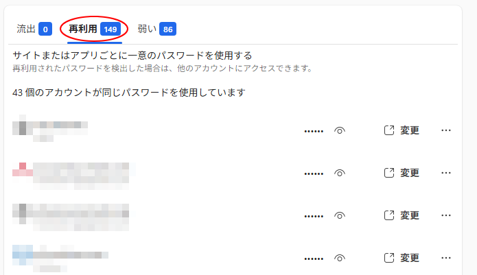 ［パスワードセキュリティチェック］の［再利用］タブ