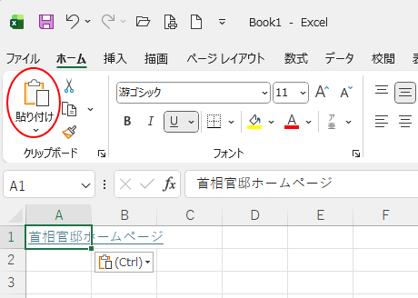 Excel［ホーム］タブの［貼り付け］