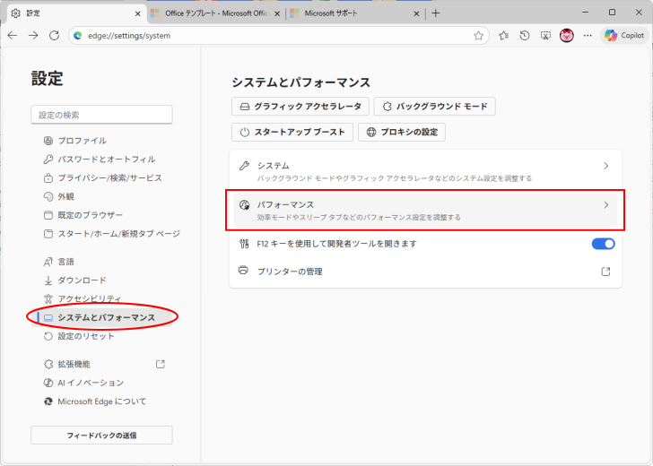 ［システムとパフォーマンス］の［パフォーマンス］