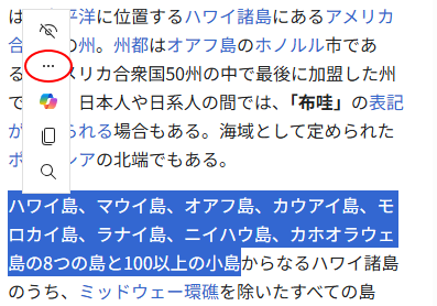 テキストを範囲選択した後のメニュー［その他のアクション］