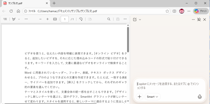 ［Copilotに質問］の［チャットで何でも聞く］をクリックした時の［Copilot］ペイン