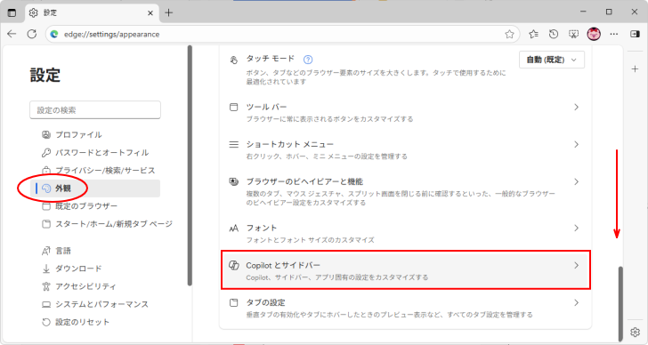 ［外観］の［Copilotとサイドバー］