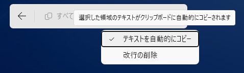 ［テキストを自動的にコピー］のポップヒント［選択した領域のテキストがクリップボードに自動的にコピーされます］