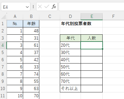 FREQUENCY関数を入力するセル［E4］を選択