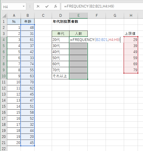 セル［E4］にFREQUENCY関数を入力