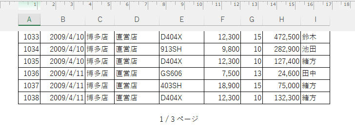 フッターの中央位置に［1/3ページ］と表示