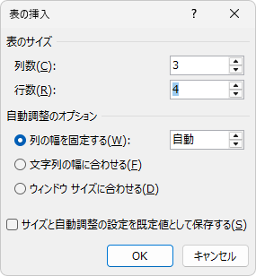 ［表の挿入］ダイアログボックス