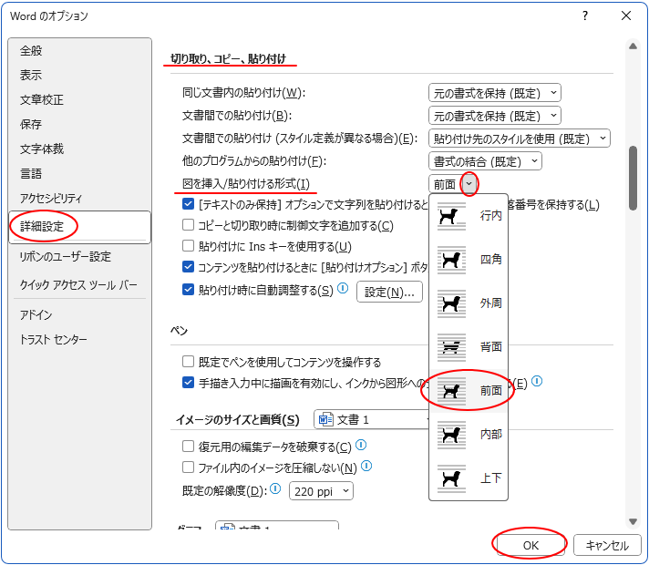 ［Wordのオプション］ダイアログボックスの［詳細設定］-［図を挿入/貼り付ける形式］で［前面］を選択