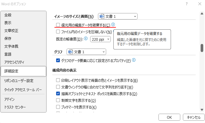 オプションの［詳細設定］にある［復元用の編集データを破棄する］