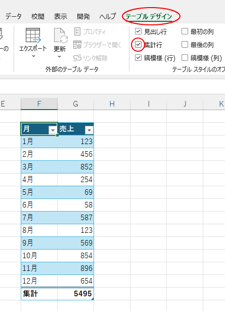［テーブルデザイン］タブの［集計行］
