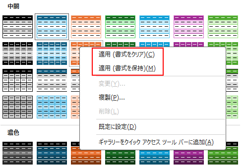 ショートカットメニューの［適用（書式をクリア）］と［適用（書式を保持）］