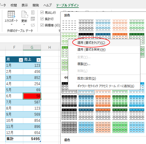 ショートカットメニューの［適用（書式をクリア）］
