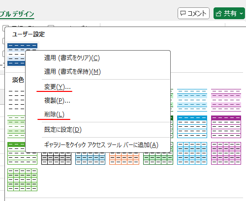 ショートカットメニューの［変更］と［削除］