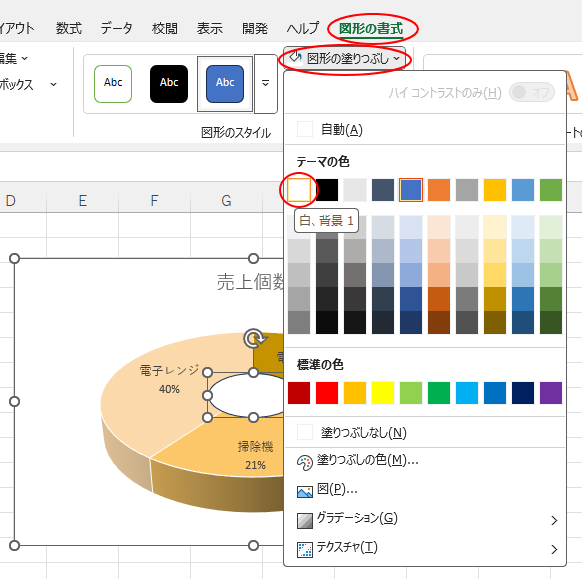 ［図形の書式］タブの［図形の塗りつぶし］-［白、背景1］