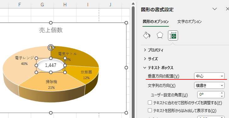 ［図形の書式設定］作業ウィンドウの［テキストボックス」-［垂直方向の配置］で［中心］を選択