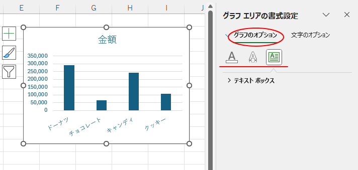 セル選択後の［グラフエリアの書式設定］作業ウィンドウの［グラフのオプション］