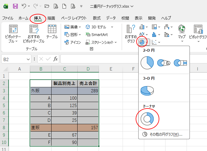 ［挿入］タブの［グラフ］グループにある［円またはドーナツグラフの挿入］-［ドーナツ］