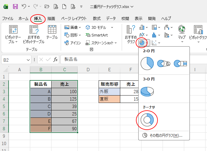 ［挿入］タブの［グラフ］グループにある［円またはドーナツグラフの挿入］-［ドーナツ］