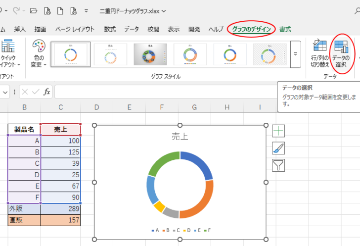 ［グラフデザイン］タブの［データの選択］