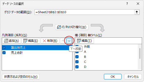 ［データソースの選択］ダイアログボックスの［下へ移動］