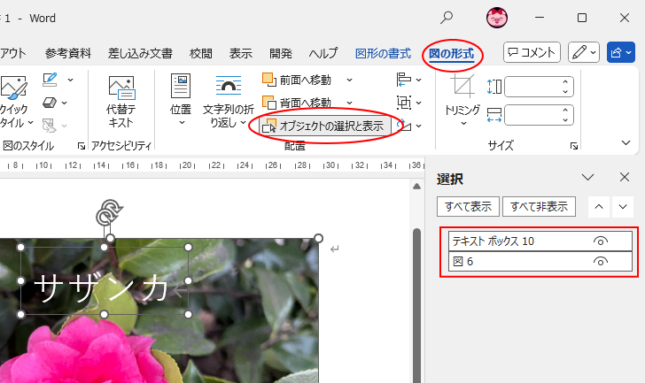 ［図の形式］タブの［配置］グループにある［オブジェクトの選択と表示］