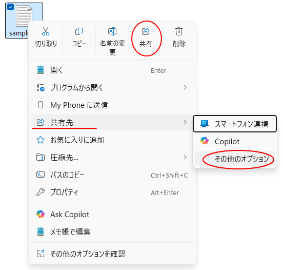 ショートカットメニューの［共有］と［共有先］‐［その他のオプション］