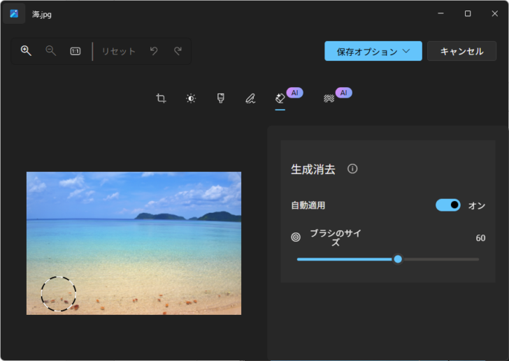 フォトの［生成消去］設定画面