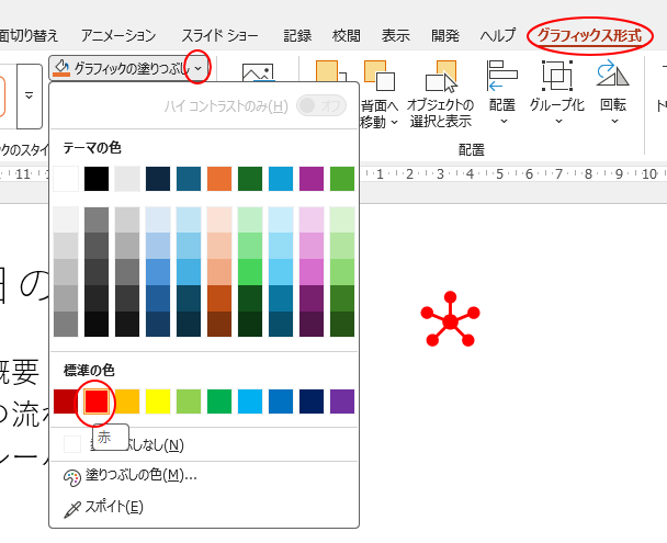 ［グラフィック形式］タブの［グラフィックのスタイル］グループにある［グラフィックスの塗りつぶし］