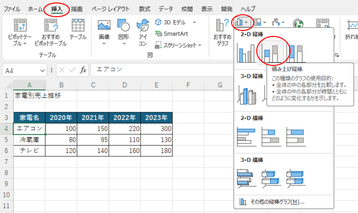 ［挿入］タブの［グラフ］グループにある［縦棒/横棒グラフの挿入］-［積み上げ縦棒］