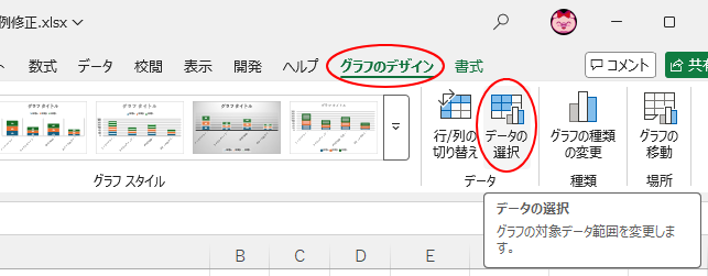 ［グラフのデザイン］タブの［データ］グループにある［データの選択］