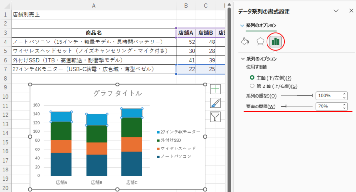 ［データ系列の書式設定］作業ウィンドウの［系列のオプション］にある［要素の間隔］