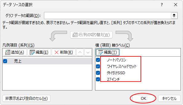 ［横（項目）ラベル名］が変更された［データソースの選択］ダイアログボックス