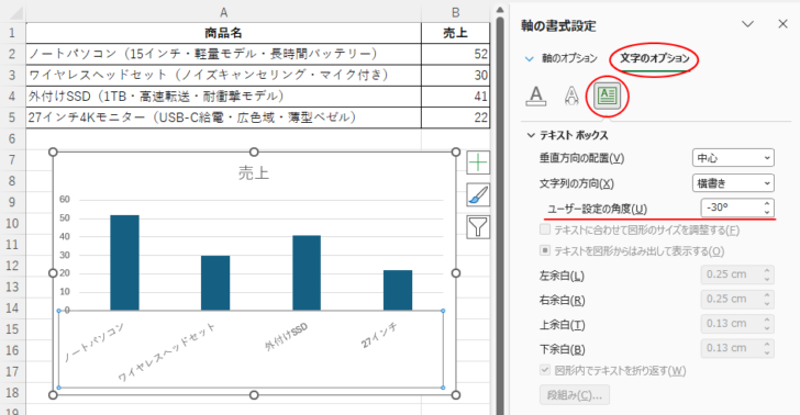 ［軸の書式設定］作業ウィンドウの［文字のオプション］タブの［テキストボックス］-［ユーザー設定の角度］